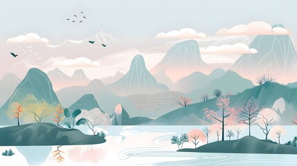 Peaceful Landscape with Mountains, Trees, and Water – Vector
