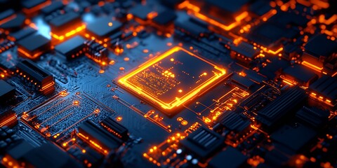 Obraz premium bright orange on dark blue tech motherboard : Generative AI