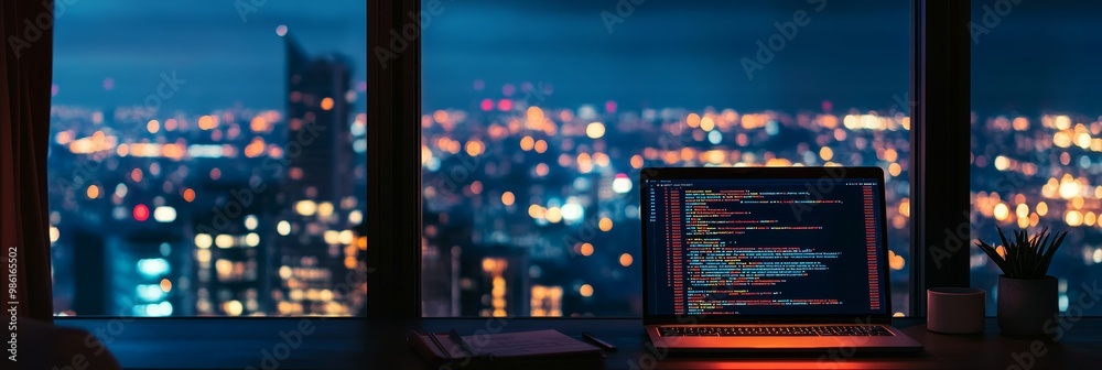 Poster Laptop with code on the screen in front of a large window with a cityscape view, representing coding and digital workspaces.