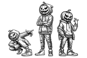 Hipster Jack-o'-Lantern in Hoodie Line Art - Halloween Characters Vector Illustration Set with Urban Style, Streetwear Vibes, Dynamic Pose, Isolated on White Background, Vibrant and Modern Design