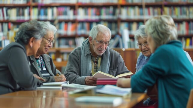 An older adult collaborating with a study group in a library sharing insights and preparing for exams together