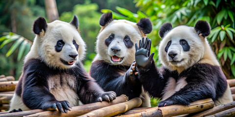 Fototapeta premium Playful image of a panda high fiving, showing teamwork and camaraderie, panda, high fiving, teamwork, collaboration, friendship