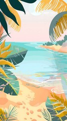 Obraz premium Tropical Beach Landscape Illustration With Palm Leaves