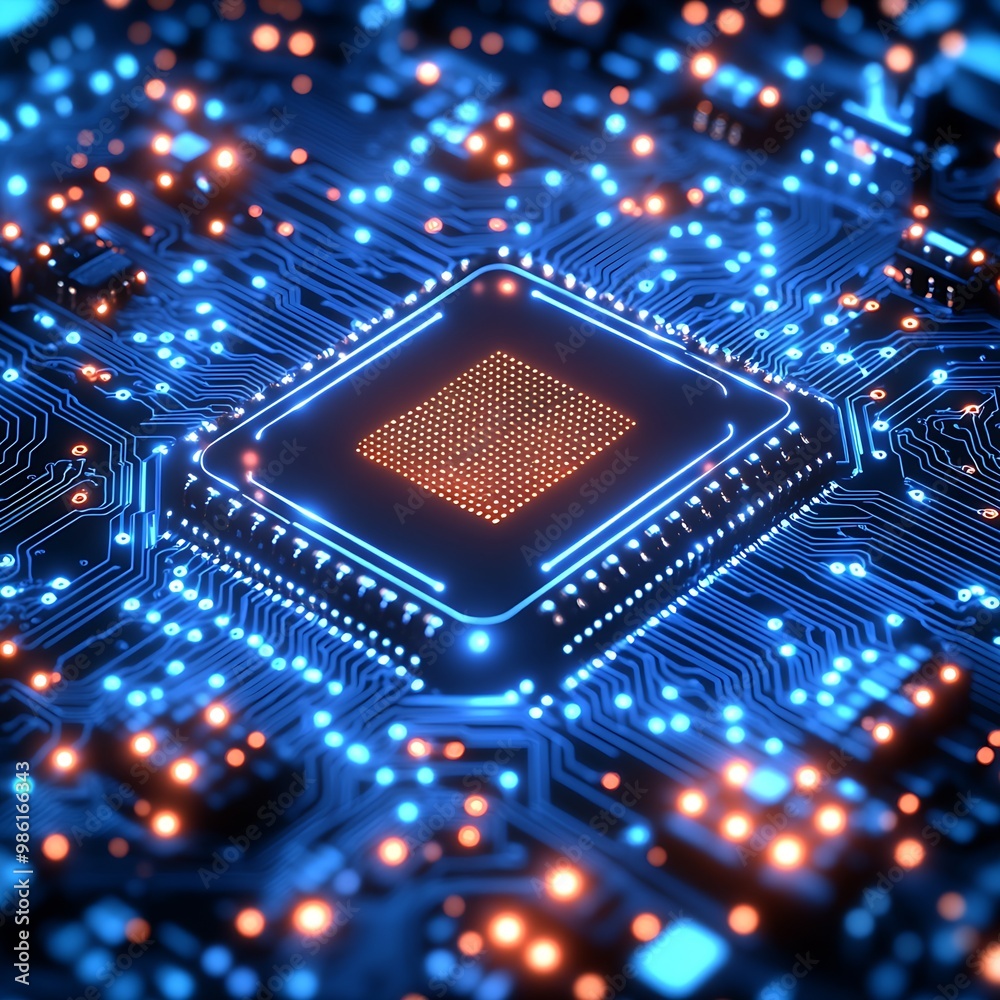 Poster blue circuit board background with chip icon vector illustration : generative ai