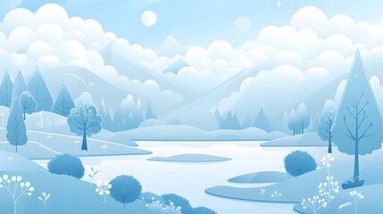 Fototapeta premium Serene Mountain Landscape with River and Trees – Vector