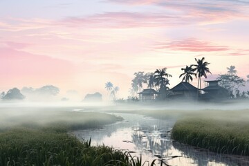 A dreamy sunrise landscape featuring a misty rice paddy field and palm trees shrouded in soft hues