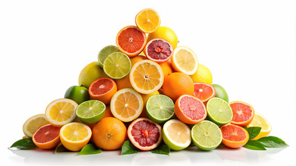 Pyramid of assorted citrus fruits on a white background, balance, fruit, healthy, nutrition, colorful, arrangement, stack