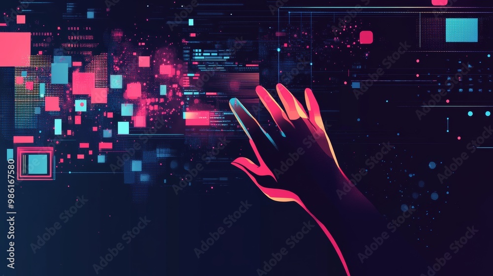 Poster Digital hand reaching towards abstract glowing blocks representing code and technology. Neon colors and dark background evoke futuristic digital interfaces.