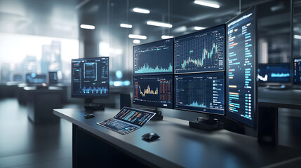 An illustration of business process automation concept, showcasing graphs for distribution analysis and consumption monitoring in a high-tech digital environment, with futuristic UI elements.