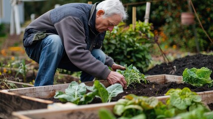 An older adult gardening in a raised bed pulling weeds and adding fresh soil to the garden