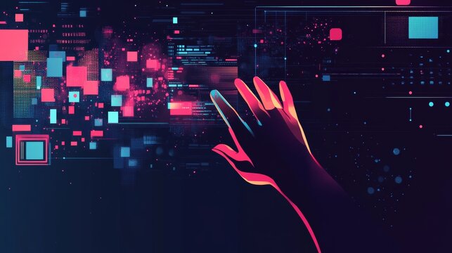 Digital hand reaching towards abstract glowing blocks representing code and technology. Neon colors and dark background evoke futuristic digital interfaces.