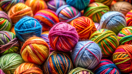 Obraz premium Closeup of multicolored wool balls for knitting , knitting, yarn, wool, craft, handmade, colorful, hobby, textile