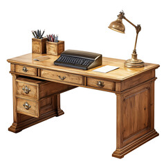 Elegant wooden desk with vintage typewriter, stylish lamp, and organized stationery.