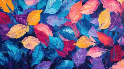 Abstract colorful painting with blue, pink, red, and yellow shapes, resembling leaves.