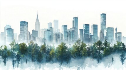 Fototapeta premium A serene urban landscape blending skyscrapers with lush greenery, showcasing nature's harmony in a misty atmosphere