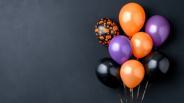 A festive Halloween balloon arrangement in shades of orange, purple, and black, with ghost and pumpkin designs, done in light watercolor