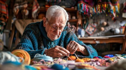 An older adult engaging in a craft or hobby such as knitting or painting surrounded by materials and fully immersed in their creative process