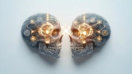 Fototapeta premium Dual skulls facing each other, interconnected by spiritual symbols, contrasting light and dark, Day of the Dead