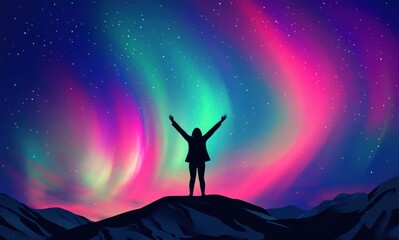 Silhouette of a person with arms outstretched against the backdrop of the mesmerizing aurora borealis, a captivating celestial display in the night sky.