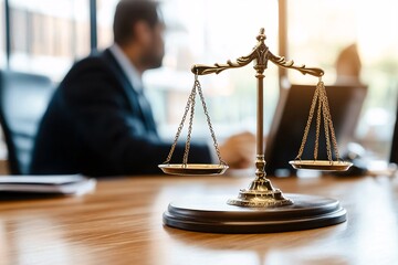 Golden Scales of Justice on Wooden Desk