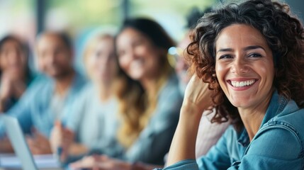 A happy adult participating in a study group, enjoying the camaraderie and support of peers while working towards common goals