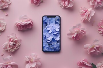 Naklejka premium Pink Flowers and Smartphone with Floral Wallpaper