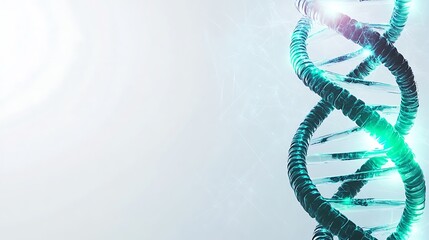 A Shining Blue and Green DNA Strand Against a White Background
