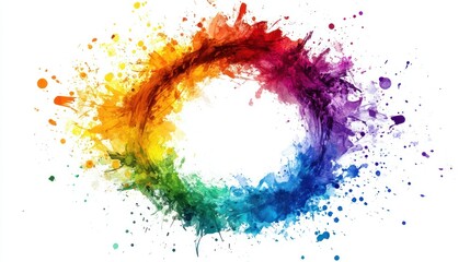 Colorful watercolor paint splatters forming a circle with a white center.