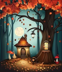 Autumn Forest Cottage Illustration with Full Moon and Falling Leaves