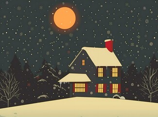 Naklejka premium Snowy Night Landscape With a House