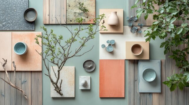 A mixed material collage showcasing natural elements and pastel tones, blending dark oak, greenery, and architectural sketches in a serene interior design layout