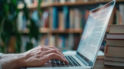 An adult studying for an exam using a laptop, accessing digital textbooks and online practice quizzes to reinforce learning