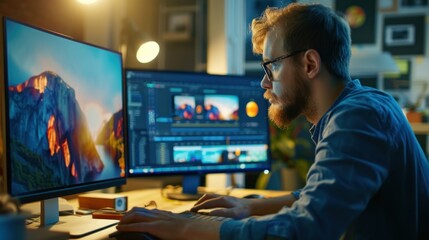 An adult studying graphic design on a computer, working through tutorials and practicing skills with creative software