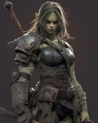 Fototapeta premium female goblin rogue armed with a sword, standing ready for battle, her intense gaze focused and filled with determination