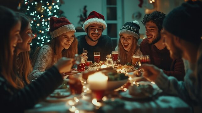 Group of cheerful friends having fun eating Christmas dinner together by decorated table. Young people having a get together on winter night.