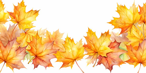 Fototapeta premium Watercolor border with yellow and orange maple leaves, perfect for fall designs, watercolor,border, yellow, orange, maple leaves