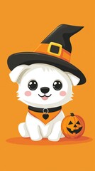 A cute, cartoon-style puppy wearing a witch hat sits next to a pumpkin against a bright orange background, perfect for Halloween.