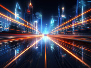 Fototapeta premium Attractive The supercar is speeding on the city road with beautiful light strips