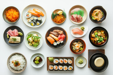 Japanese food collection on plain white background