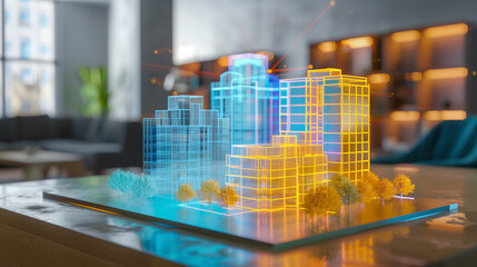 3d blue prints of a real estate project virtual hologram on a table in modern office, real estate development business	