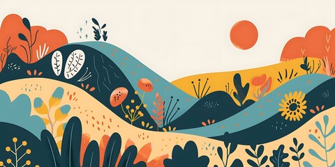 Naklejka premium Abstract Landscape With Hills and Flowers
