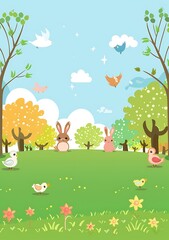 Cute Cartoon Animals in a Spring Forest