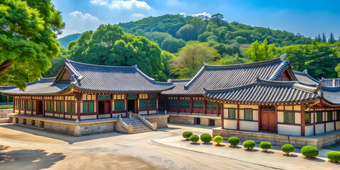 Obraz premium Traditional Korean Confucian academy surrounded by trees and traditional architecture, Korean, Confucian, academy