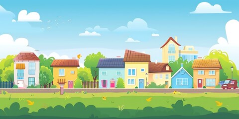 Obraz premium Cartoon Illustration of Colorful Houses on a Sunny Day