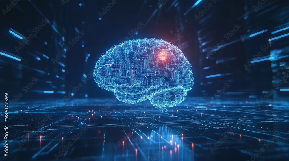 Aufkleber Digital brain with circuits and glowing nodes in a futuristic tech environment. Artificial intelligence and data technology.