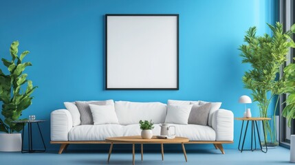 White Sofa in Minimalist Living Room with Blank Canvas Artwork, Blue Wall and Plants.