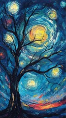 Night Sky Tree Abstract Oil Painting