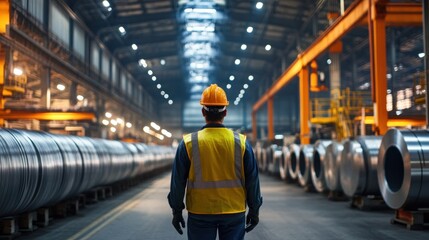 Worker wearing a hard hat and safety vest standing between rows of coiled metal in a factory.