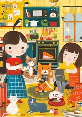 Two Girls and Cats Playing in the Kitchen Illustration