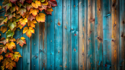 Fototapeta premium Wooden wall covered in leaves against rustic blue wood background, with an old garden fence on the side, leaves, green
